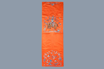 Three Chinese embroidered silk panels with elephants and buddhist lions, 19th C.