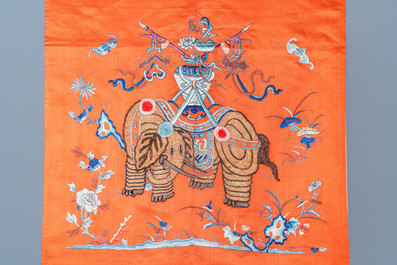 Three Chinese embroidered silk panels with elephants and buddhist lions, 19th C.