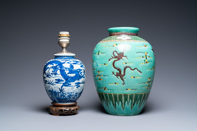 Two Chinese blue and white and famille verte dishes and two vases, Kangxi and later