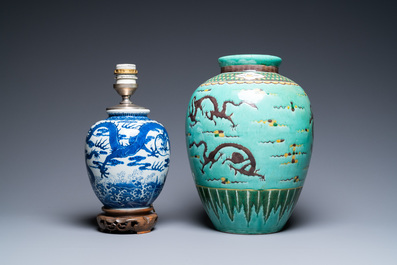 Two Chinese blue and white and famille verte dishes and two vases, Kangxi and later