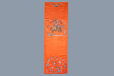 Three Chinese embroidered silk panels with elephants and buddhist lions, 19th C.