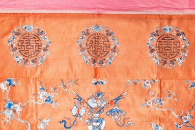 Three Chinese embroidered silk panels with elephants and buddhist lions, 19th C.