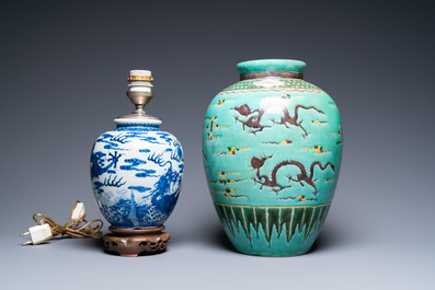 Two Chinese blue and white and famille verte dishes and two vases, Kangxi and later