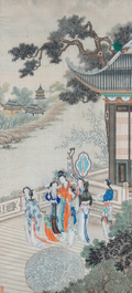 Chinese school, ink and color on silk: 'Two scenes with ladies near a river', 19th C.