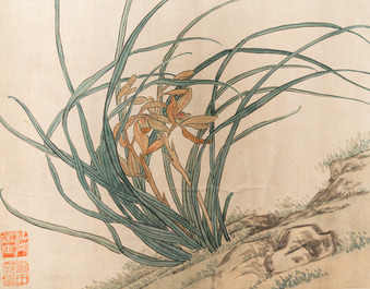 Tian Shiguang (1916-1999), ink and color on paper: 'Two yellow iris'