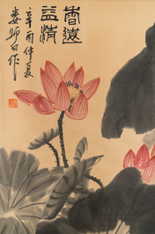 Lou Shibai (1918-2010), ink and color on paper: 'Lotus flowers'