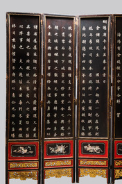 A Chinese six-fold mother-of-pearl-inlaid wooden screen for the Straits or Peranakan market, 19th C.