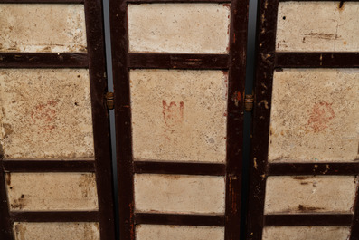 A Chinese five-fold wooden screen with famille rose plaques, 19th C.