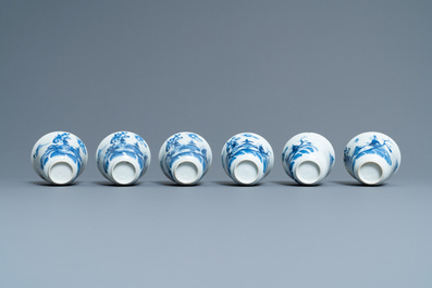 Six Chinese blue and white cups and saucers, 19th C.