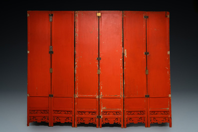 A Chinese six-fold mother-of-pearl-inlaid wooden screen for the Straits or Peranakan market, 19th C.