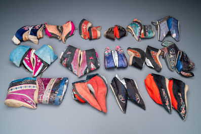 A collection of 44 pairs of Chinese silk and cotton lotus shoes, Qing and Republic