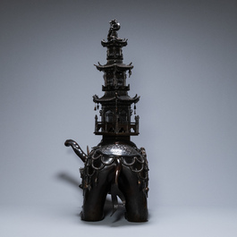 A monumental Japanese bronze 'elephant with pagoda' censer, 'koro', Edo/Meiji, 19th C.