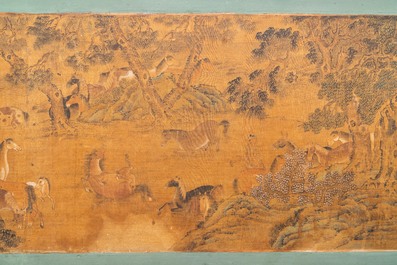 Chinese school, ink and color on paper: 'Horses and their caretakers in a landscape', Ming/Qing