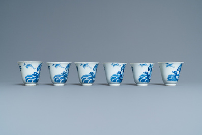 Zes Chinese blauw-witte koppen en schotels, 19e eeuw