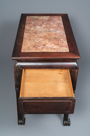A Chinese wooden marble top table, 19/20th C.