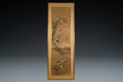 Chinese school, ink and color on silk: 'Landscape with birds', 17/18th C.