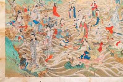 Chinese school, ink and color on canvas: 'Mountainous landscape with goddesses, mythical animals and boys', 19/20th C.