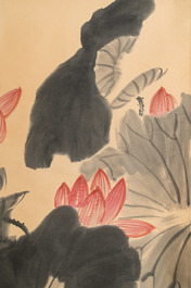 Lou Shibai (1918-2010), ink and color on paper: 'Lotus flowers'