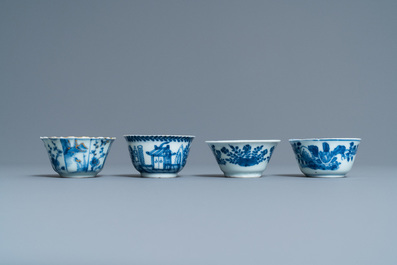 Nine Chinese blue and white and famille rose saucers and six cups, Kangxi/Qianlong