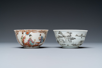 Two Chinese famille rose and grisaille cups and saucers, Yongzheng/Qianlong