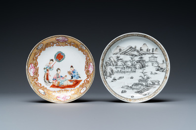 Two Chinese famille rose and grisaille cups and saucers, Yongzheng/Qianlong