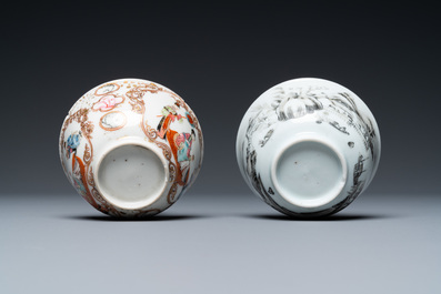 Deux tasses et soucoupes en porcelaine de Chine famille rose et grisaille, Yongzheng/Qianlong