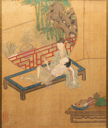 Chinese school, ink and color on silk: Eight erotic and romantic scenes, 18/19th C.