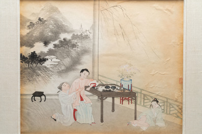 Chinese school, ink and color on paper: three narrative scenes, 19th C.