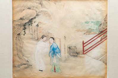 Ecole chinoise, encre et couleurs sur papier: trois sc&egrave;nes narratives, 19&egrave;me