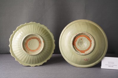 Two Chinese Longquan celadon dishes with underglaze design, Ming