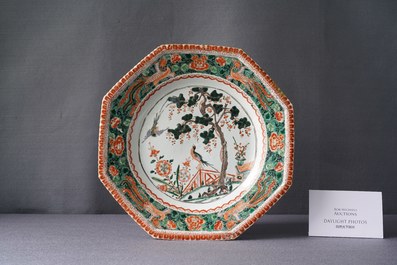 An octagonal Chinese famille verte dish, Kangxi