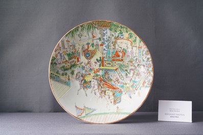 A large Chinese Canton famille rose 'horseriders' dish, 19th C.