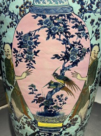 A very large Chinese famille rose turquoise-ground vase and cover, 19th C.