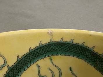 A Chinese yellow-ground famille verte 'dragon' dish, probably Qianlong