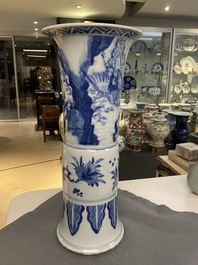 A tall Chinese blue and white 'gu' 'immortals' vase, Kangxi