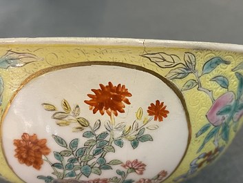 A Chinese famille rose yellow sgraffito-ground bowl, Daoguang mark and of the period