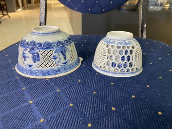 Two Chinese blue and white reticulated bowls, Transitional period and Kangxi