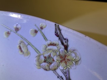 A large Chinese famille rose 'prunus and magpie' dish, Qianlong mark, 19th C.