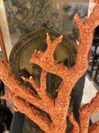 A large Chinese carved red coral group with birds on floral branches, 19/20th C.
