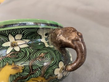 A Chinese verte biscuit 'flaming horses' censer, Jiajing mark, 18/19th C.