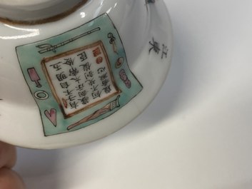 Six tasses et soucoupes en porcelaine de Chine famille rose &agrave; d&eacute;cor 'Wu Shuang Pu', marques de Qianlong et Tongzhi, 19&egrave;me