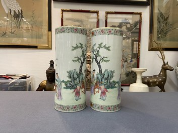 A pair of Chinese famille rose hat stands, 'Lin zhi cheng xiang' mark, Republic