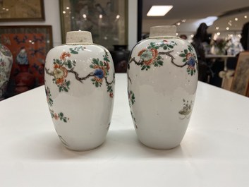 A pair of Chinese famille verte jars with birds among blossoming branches, Kangxi