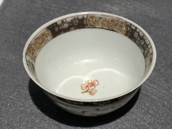 A Chinese famille rose 'harvesting' cup and saucer, Yongzheng