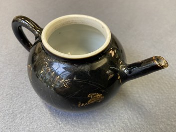 Four Chinese Yixing stoneware, blue and white and monochrome black porcelain teapots, Kangxi and later