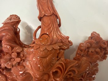 A Chinese carved red coral 'Guanyin' group, 19/20th C.