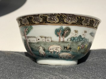 Une tasse et soucoupe en porcelaine de Chine famille rose &agrave; d&eacute;cor de la r&eacute;colte, Yongzheng