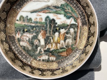 A Chinese famille rose 'harvesting' cup and saucer, Yongzheng