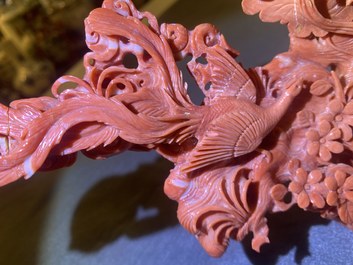 A Chinese carved red coral 'Guanyin' group, 19/20th C.
