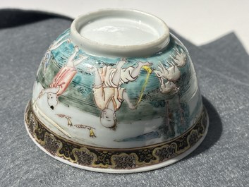 A Chinese famille rose 'harvesting' cup and saucer, Yongzheng